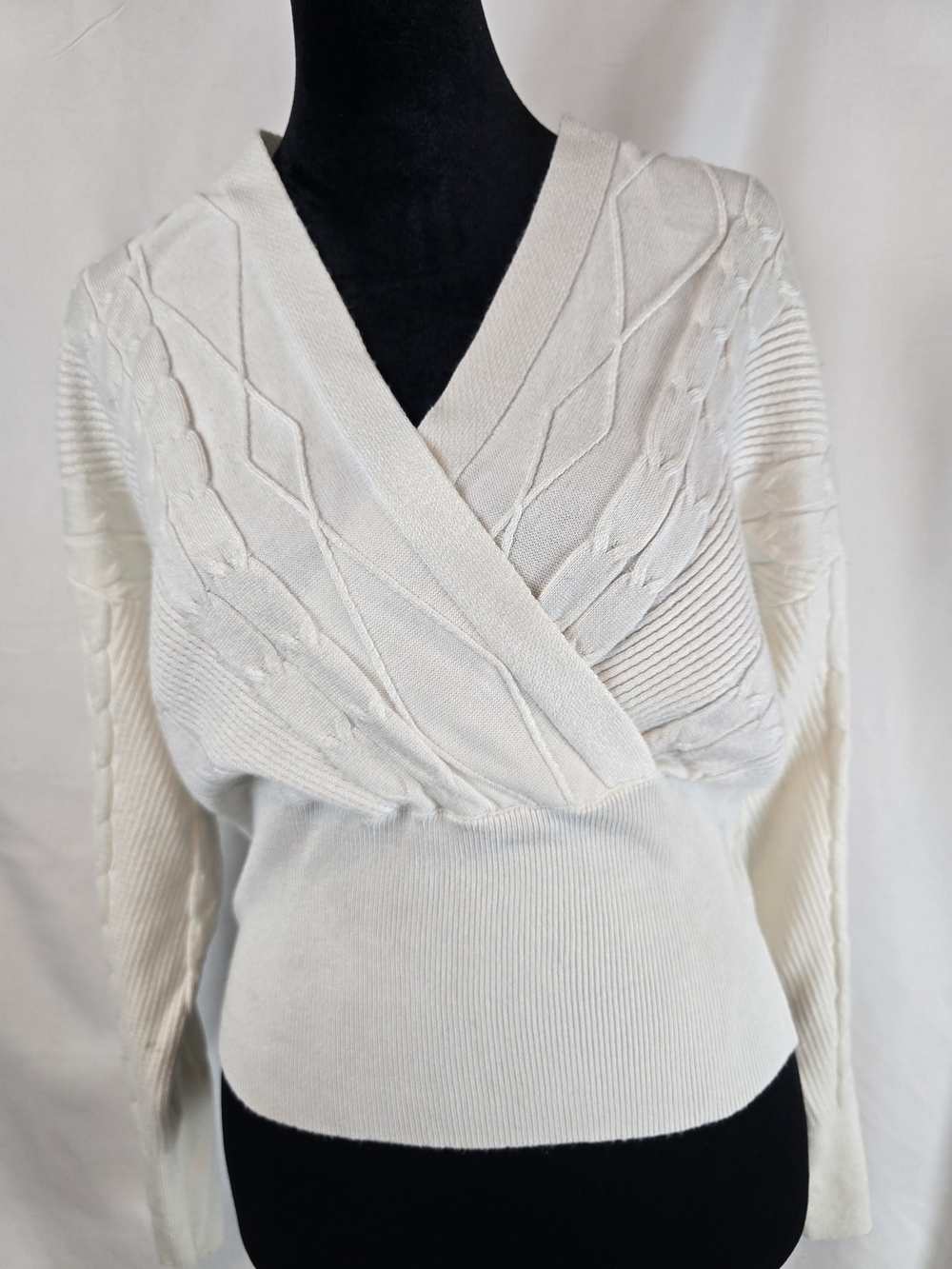 Pink Rose Cream Wrap-Front V-Neck Cable Knit Sweater